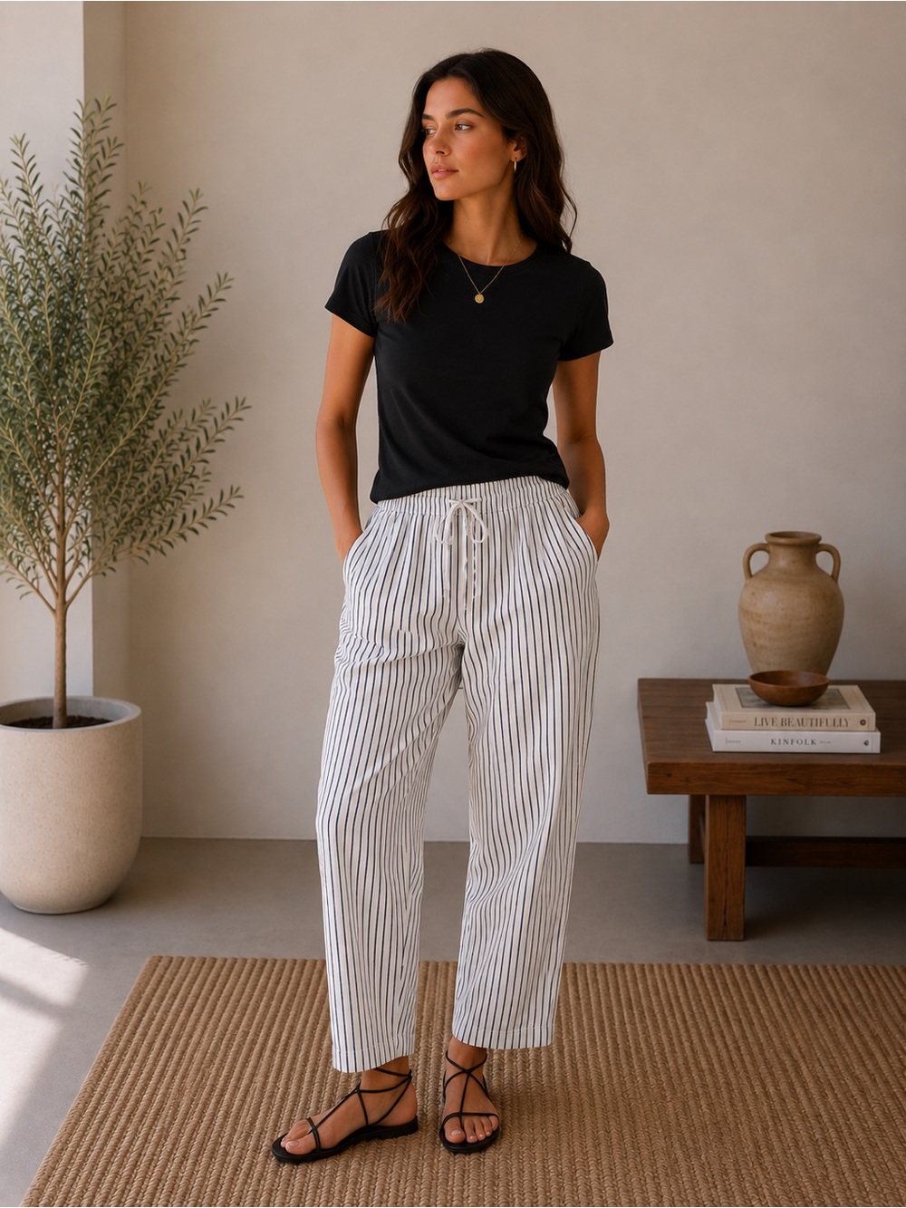 GAP Striped Drawstring Relaxed Barrel Cotten Pants - White/Black